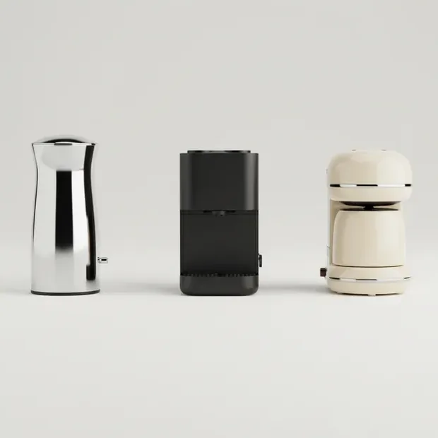 Three different coffee makers lined up side by side at equal scale for comparison.
